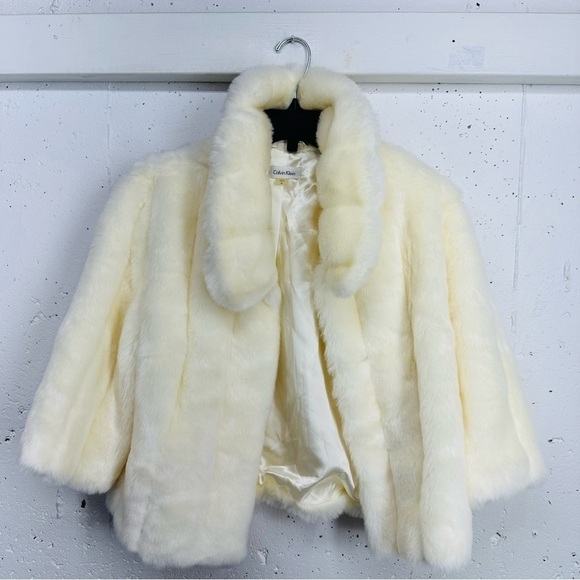 Calvin Klein Women's Medium Ivory Faux Fur Cardigan Short Coat - Picture 2 of 15